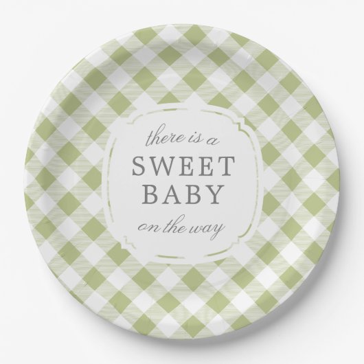 Sage Green Gingham Plaid Sweet Baby Papieren Bordje (Voorkant)