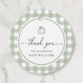 Sage Green Gingham pompoen Baby shower Bedankjes Labels (Voorkant)