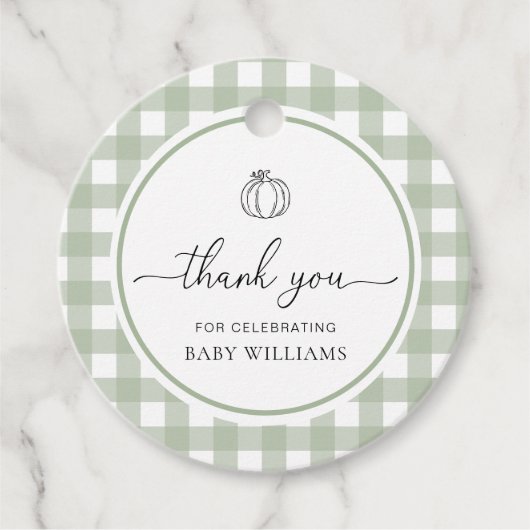 Sage Green Gingham pompoen Baby shower Bedankjes Labels (Voorkant)