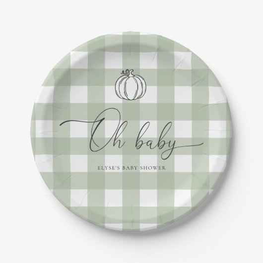 Sage Green Gingham pompoen Baby shower Papieren Bordje (Voorkant)