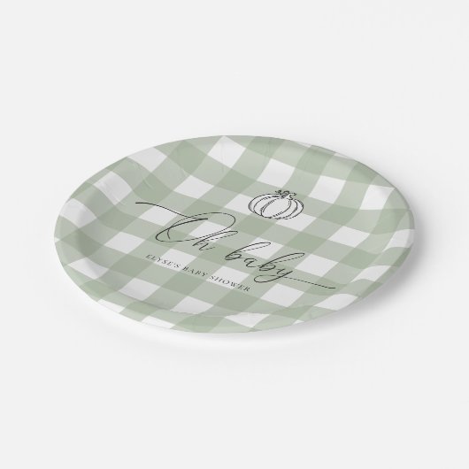 Sage Green Gingham pompoen Baby shower Papieren Bordje (Gekanteld)