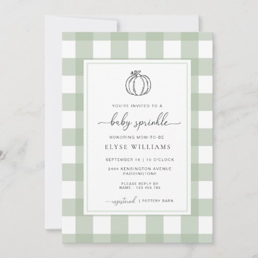 Sage Green Gingham Pompoen Baby Sprinkle Kaart (Voorkant)