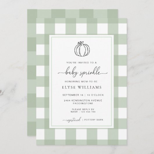 Sage Green Gingham Pompoen Baby Sprinkle Kaart (Voorkant / Achterkant)
