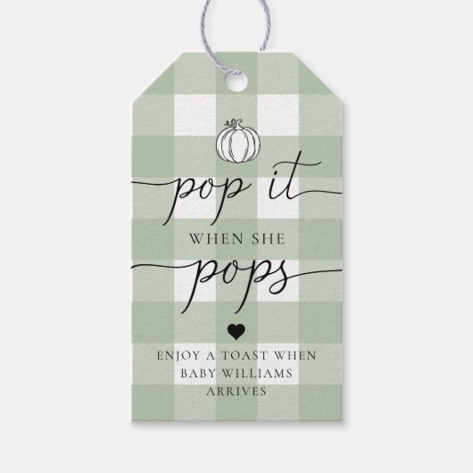 Sage Green Gingham pompoen Pop het als ze Poppen Cadeaulabel (Voorkant)