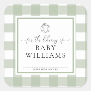 Sage Green Gingham Pompoenbibliotheek van Boekplaa Vierkante Sticker
