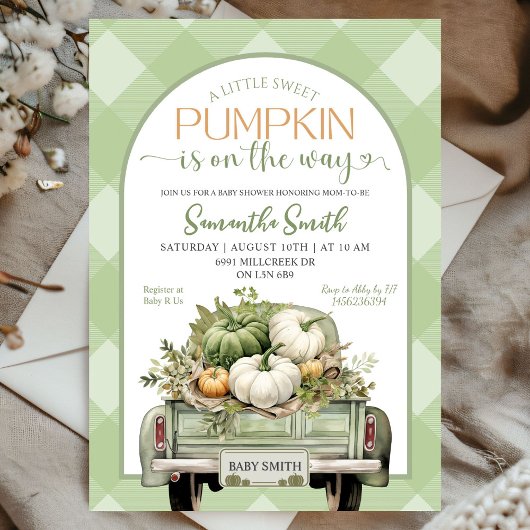 Sage Green Gingham Pumpkin Truck Baby shower Kaart