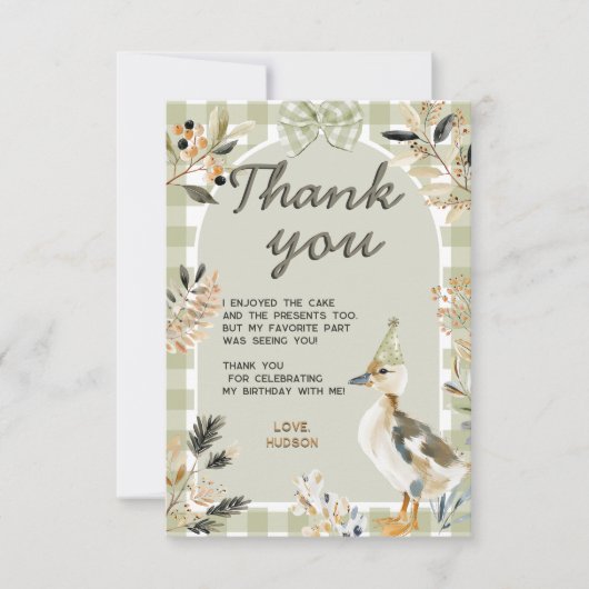 Sage Green Gingham Schattigee Duckling Waterverf P Bedankkaart (Voorkant)