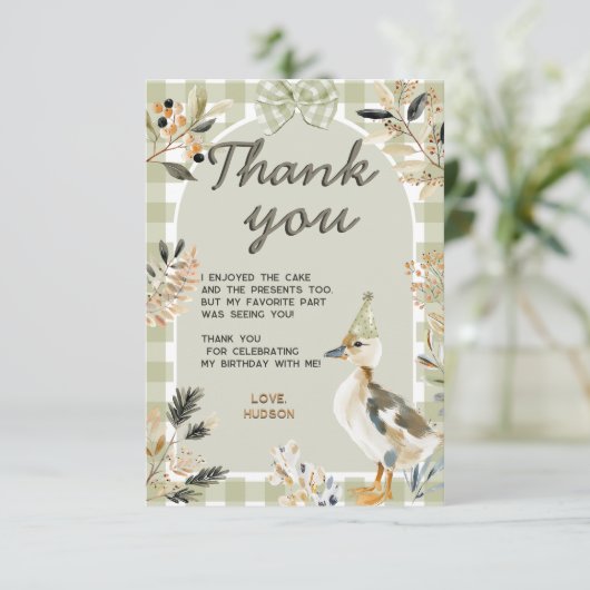 Sage Green Gingham Schattigee Duckling Waterverf P Bedankkaart (Staand voorkant)
