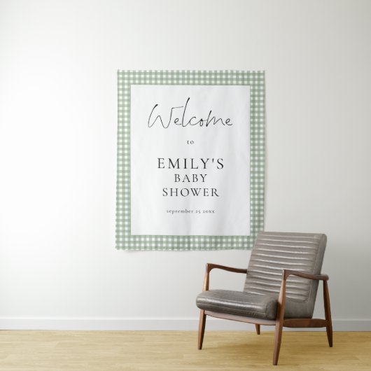 Sage Green Gingham Script Welcome Baby Shower  Wandkleed (In situ)