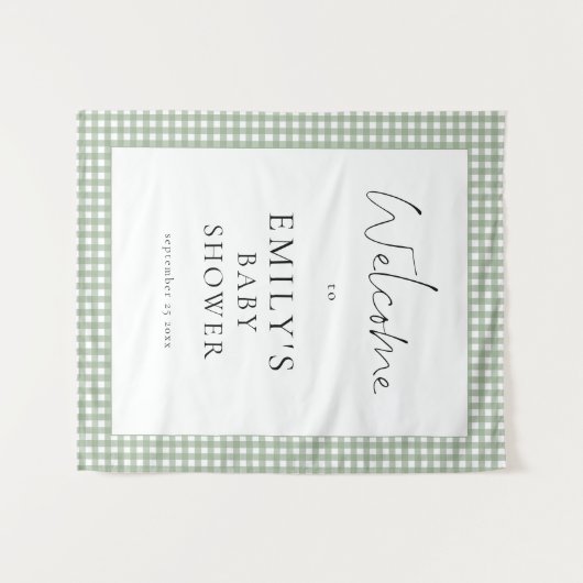 Sage Green Gingham Script Welcome Baby Shower  Wandkleed (Voorkant (horizontaal))