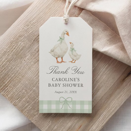 Sage Green Gingham Silly Goose Baby Shower Cadeaulabel