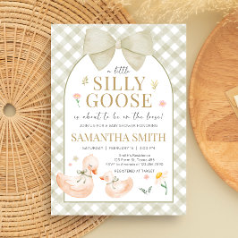 Sage Green Gingham Silly Goose Baby Shower Kaart