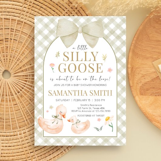 Sage Green Gingham Silly Goose Baby Shower Kaart