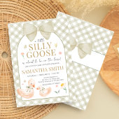 Sage Green Gingham Silly Goose Baby Shower Kaart