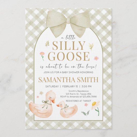 Sage Green Gingham Silly Goose Baby Shower Kaart (Voorkant)