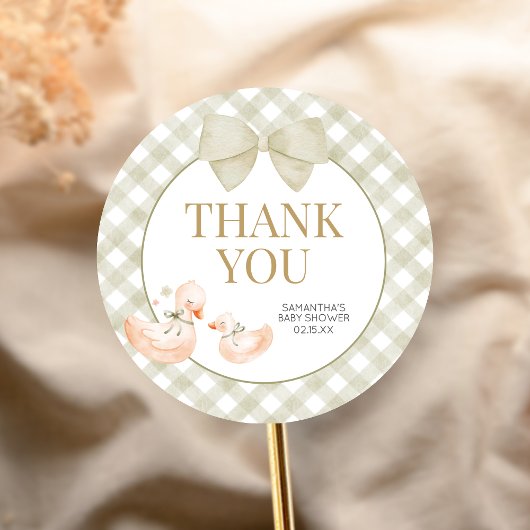 Sage Green Gingham Silly Goose Baby Shower Ronde Sticker