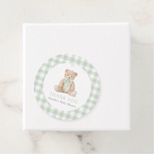 Sage Green Gingham Teddy Bear Baby Shower Bedankjes Labels (In situ)