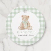 Sage Green Gingham Teddy Bear Baby Shower Bedankjes Labels (Voorkant)