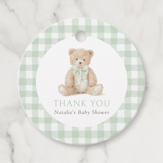 Sage Green Gingham Teddy Bear Baby Shower Bedankjes Labels (Voorkant)