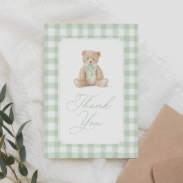 Sage Green Gingham Teddy Bear Baby Shower Bedankkaart