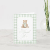 Sage Green Gingham Teddy Bear Baby Shower Bedankkaart (Voorkant)