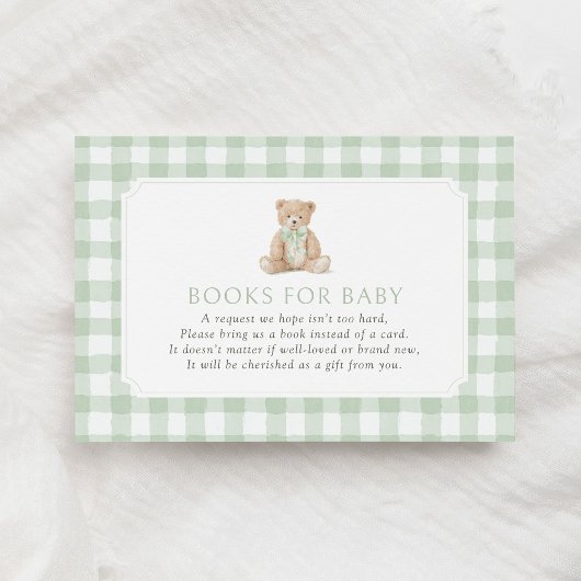 Sage Green Gingham Teddy Bear Books for Baby Informatiekaartje