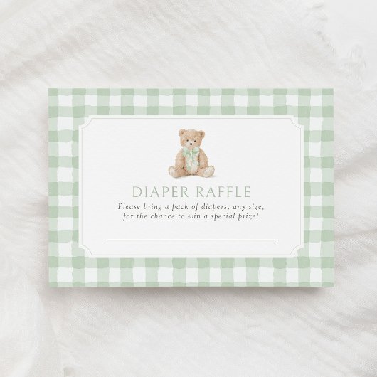Sage Green Gingham Teddy Bear Diaper Raffle Ticket Informatiekaartje