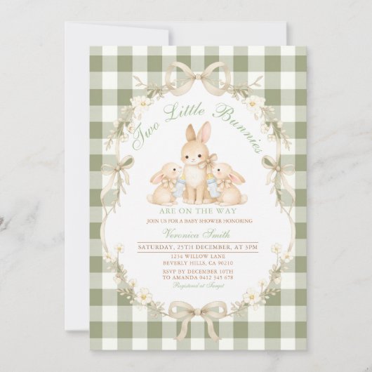 Sage Green Gingham Twins Baby Shower Invitation Kaart (Voorkant)