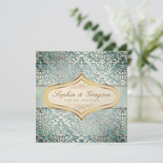 Sage Green Glimmer Damask Bruiloft Uitnodigen Kaart (Staand voorkant)