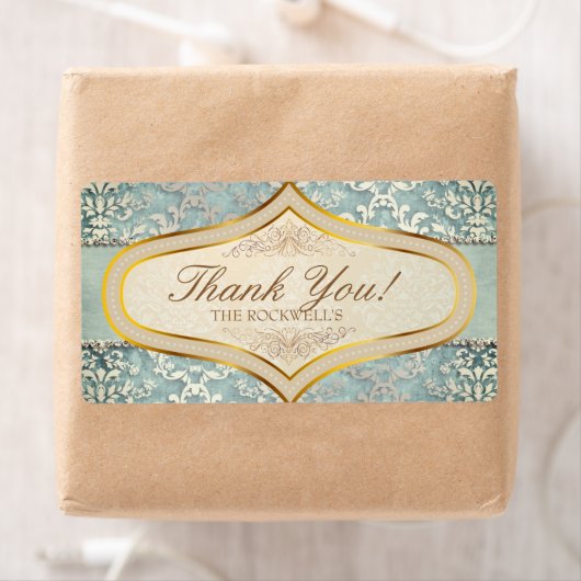 Sage Green Glimmer Damask Wedding Bedankt Etiket (Insitu)