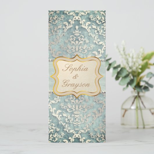 Sage Green Glimmer Damask Wedding Menu (Staand voorkant)