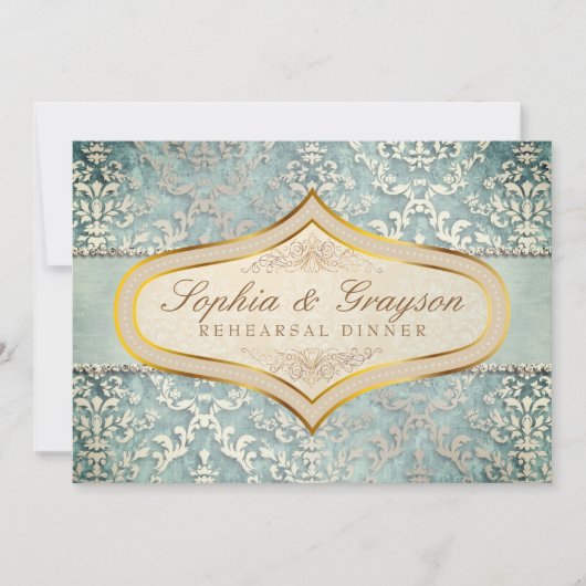 Sage Green Glimmer Damask Wedding Rehearsal Dinner Kaart (Voorkant)