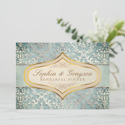 Sage Green Glimmer Damask Wedding Rehearsal Dinner Kaart (Staand voorkant)