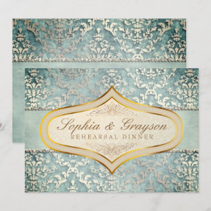 Sage Green Glimmer Damask Wedding Rehearsal Dinner Kaart