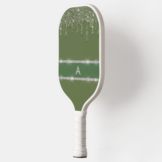 Sage Green Glitter Drip Sparkling Diamond Monogram Pickleball Paddle (Links)