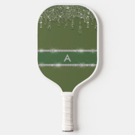 Sage Green Glitter Drip Sparkling Diamond Monogram Pickleball Paddle