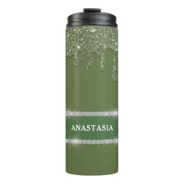 Sage Green Glitter Drip Sparkling Diamond Thermosbeker