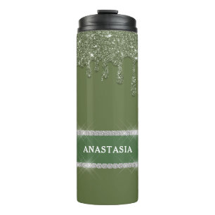 Sage Green Glitter Drip Sparkling Diamond Thermosbeker