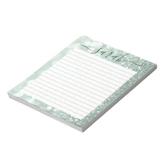 Sage Green Glitter Lined Personalized Notitieblok (Linkerzijde)