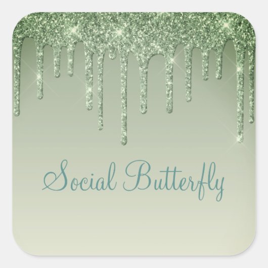 Sage Green Glitter Social Butterfly Typografie Vierkante Sticker (Voorkant)
