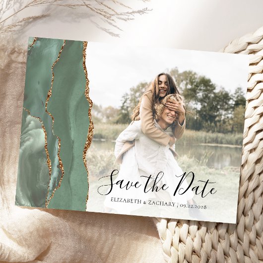 Sage Green Gold Agaat Custom Photo Sla de datum op Briefkaart