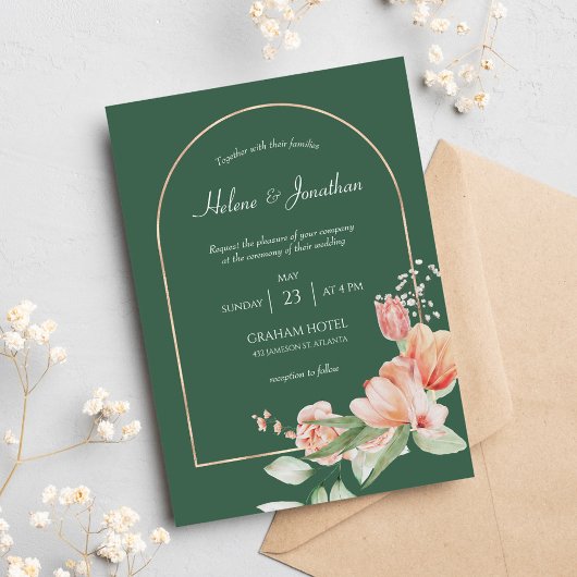 Sage Green Gold Arch Floral Elegant Boho Wedding Kaart