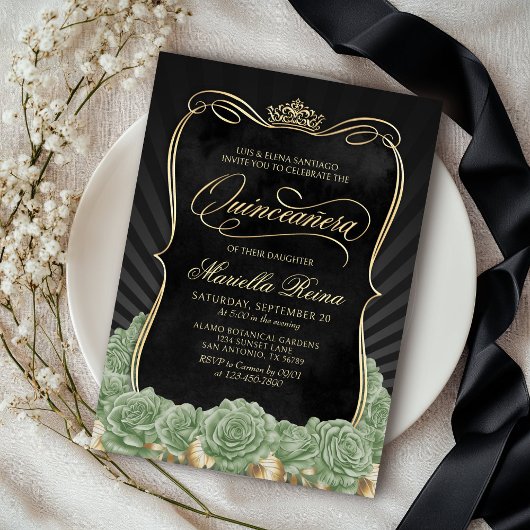 Sage Green Gold Black Quinceañera Kaart