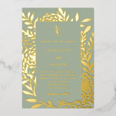 Sage green gold botanical monogram luxury wedding folie uitnodiging (Voorkant)