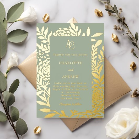 Sage green gold botanical monogram luxury wedding folie uitnodiging