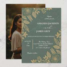 Sage Green Gold Botanical Photo Back Wedding Invit Kaart