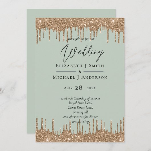 Sage Green Gold Driving Glitter Wedding Script (Voorkant / Achterkant)
