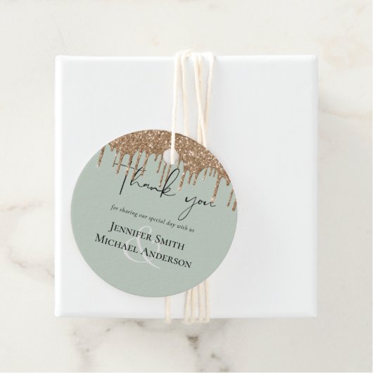 Sage Green Gold Driving Glitter Wedding Script Bedankjes Labels (In situ)