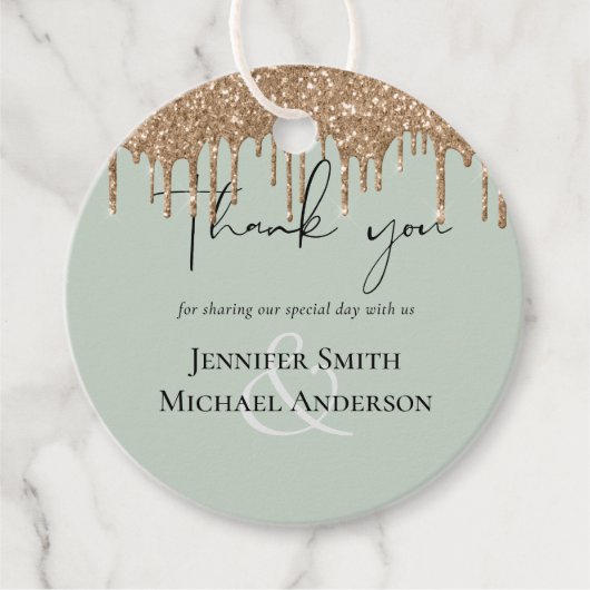 Sage Green Gold Driving Glitter Wedding Script Bedankjes Labels (Voorkant)