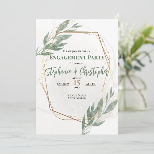 Sage Green Gold Eucalyptus Floral Engagement Party Kaart (Staand voorkant)